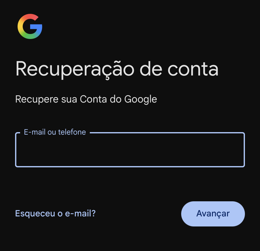Página oficial de recuperação de conta do Google