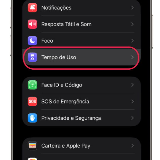 Opção Tempo de Uso nos Ajustes do iPhone