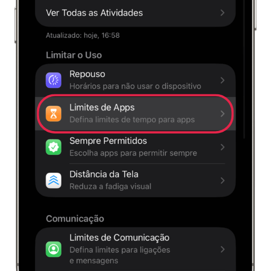 Tela de Limites de Apps do iPhone