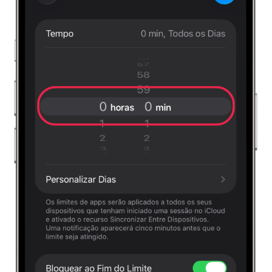 Configuração de 0 minuto no Tempo de Uso