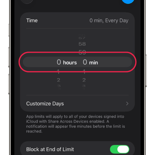 Setting 0 minutes in Screen Time